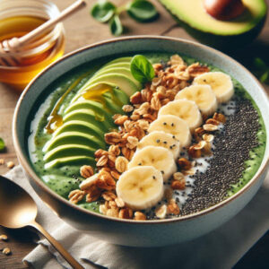 green avocado base, topped with slices of banana