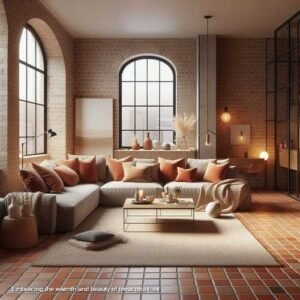 a cosy UK living room with terracotta tile flooring in a modern loft setting.