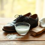 A polished pair of black dress shoes rests on a wooden surface next to a small bowl of soapy water, a brush, and a cloth. Salt is scattered nearby, indicating a shoe cleaning process.