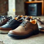 A variety of men's lace-up work shoes displayed on a concrete surface, designed for wide feet. They come in various shades of brown and black, with some featuring contrasting soles. A blurred background suggests an indoor setting with wooden elements.