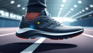 A close-up of a gray Xero XB+ SmartShoe with a blue sole and red accents inside an indoor track facility. Small glowing icons hint at CES 2025 advances in running form optimization. The background is tastefully blurred.