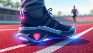 A close-up of the futuristic SmartShoe with glowing lights on the track, highlighting an illuminated symbol on the heel. In the background, a person jogs on the red track under a sunny sky, benefiting from cutting-edge running form optimization showcased at CES 2025.