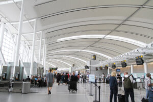 Toronto, Canada: Travellers walking through Terminal 1 of Toronto Pearson International Airport.