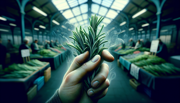 Vibrant green rosemary sprigs at a UK market, showcasing freshness and quality through their strong aroma.