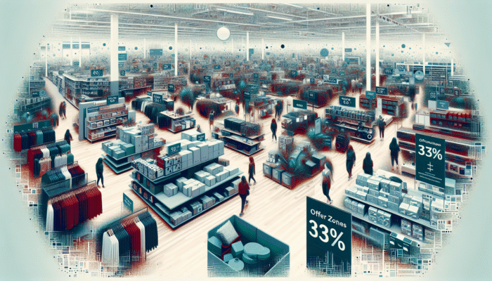 UK retail store clearance section showcasing discounted apparel, electronics, and home goods with minor flaws, aimed at quick sales.