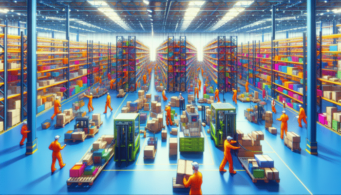 Workers in brightly coloured uniforms sorting and disposing of a variety of clearance items in a vibrant warehouse using modern, eco-friendly technology.