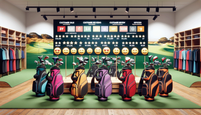 A selection of golf bags in a South African store, featuring sale signs and digital customer reviews.