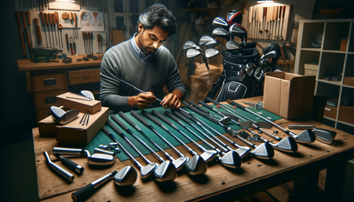 Disassembling golf clubs on a workbench in a garage with tools and packing materials.