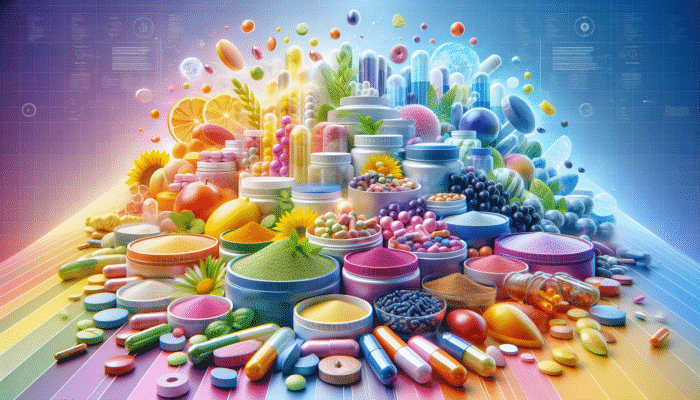A vibrant display of dietary supplements in various forms including capsules, tablets, and powders on a lively background.