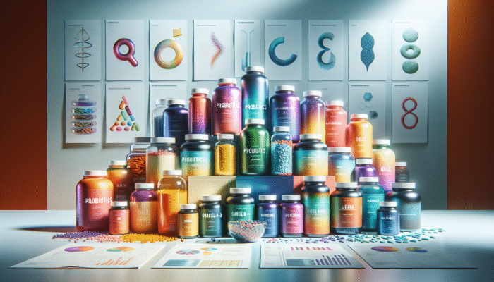 An assortment of specialty supplement bottles, including probiotics, omega-3, and protein powders on a health-centric backdrop.