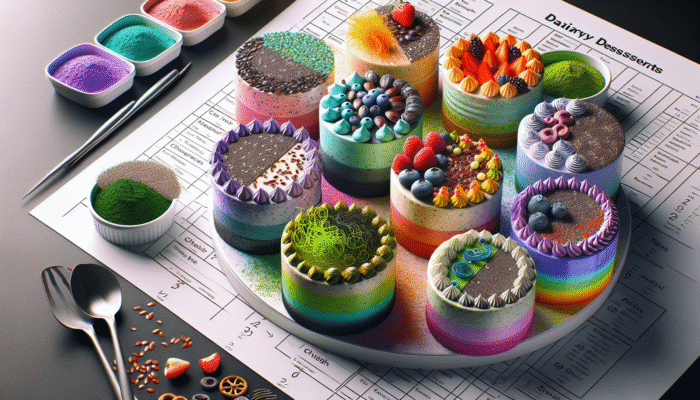 Colourful dairy-free desserts with chia seeds, flaxseeds, and spirulina, showcasing texture and health benefits.