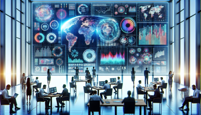 Modern office featuring professionals analysing strategic data insights on a large interactive screen.