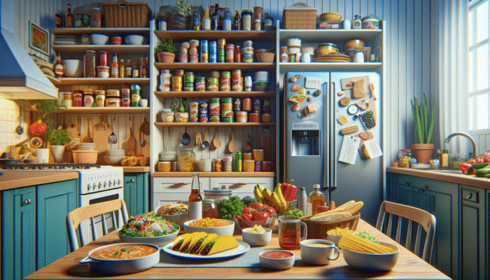 Best Tips for Cooking on a Budget: A colourful weekly meal planner featuring Mexican tacos, Italian pasta, alongside an open pantry and fridge.
