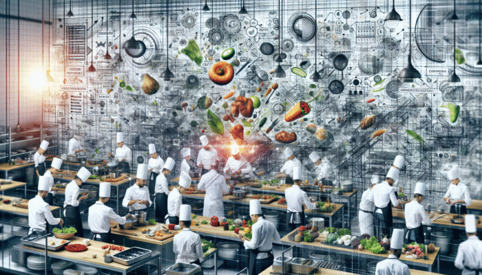 Chefs in a modern kitchen efficiently utilising all ingredients, minimising waste, with scales and cost charts.