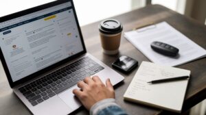 A person utilises a laptop on a desk with a coffee cup, notepad, pen, wallet, car key, and documents. The open laptop displays car rental reviews and tips, suggesting they're reading reviews before renting a car for their work or study session.
