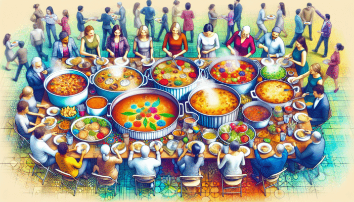 Colourful casseroles in disposable dishes on a potluck table, steaming, surrounded by eager guests.