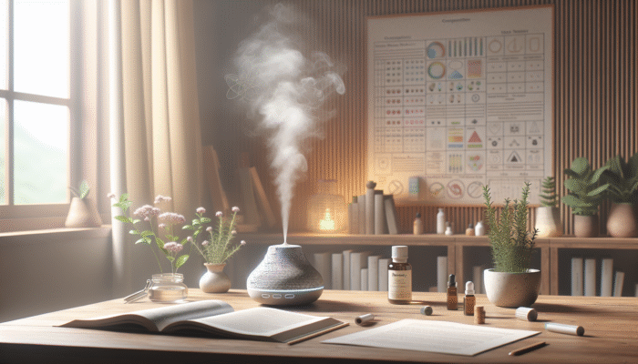 A serene study room with a diffuser and a small jar of rosemary, symbolizing safe use.