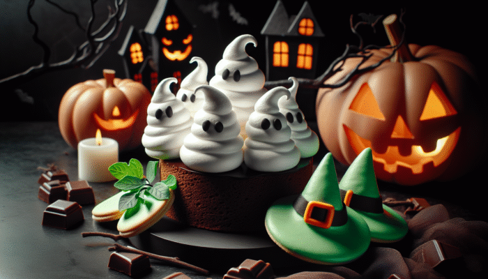Fluffy white meringue ghosts on chocolate, green witch hat cookies, haunted houses, pumpkin patches.
