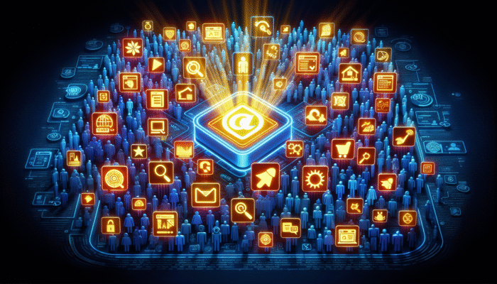 A glowing brand stands out in a digital marketplace, attracting customers with targeted online ads.