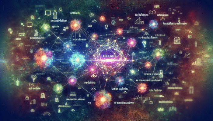 A network of nodes and light streams symbolising a sustainable fashion brand's expanded reach through eco-conscious affiliates.