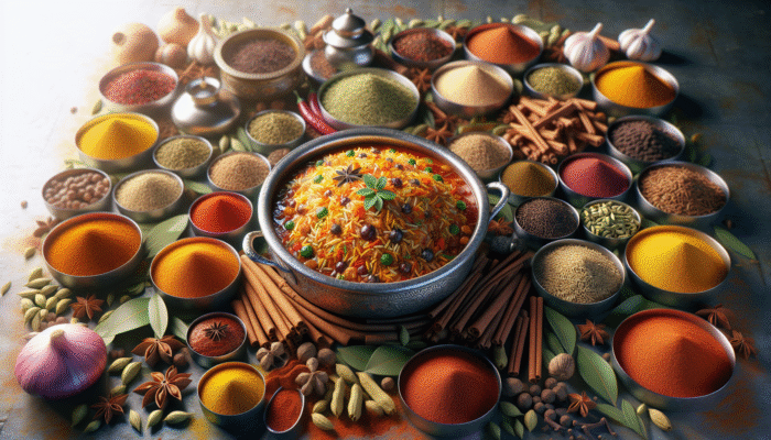 A vibrant kitchen scene showcasing spices and a steaming pot of biryani.