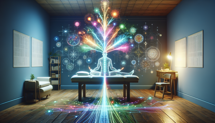 A person receiving acupuncture in a tranquil, nature-inspired room with glowing energy lines symbolizing healing.