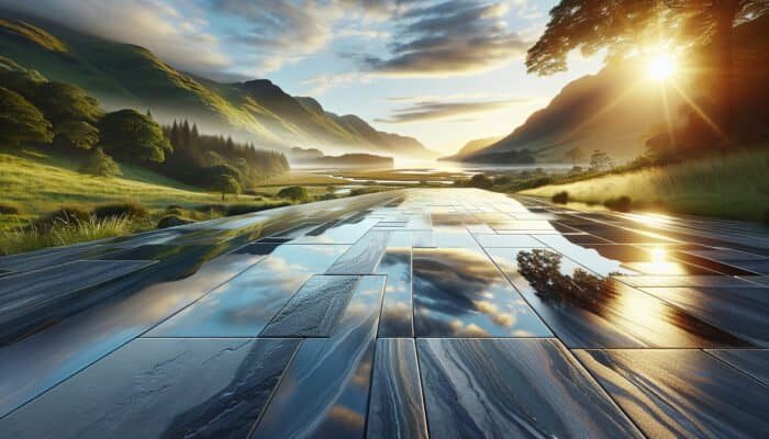 A scenic Inverclyde landscape with a luxurious, waterproofed stone floor reflecting vibrant surroundings, showcasing durability and protection.