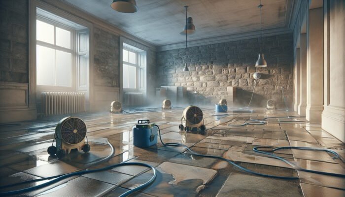 Stone floor in Inverclyde drying with fans and dehumidifiers before waterproofing and tiling.