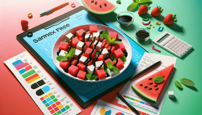 Best No-Cook Recipes for Hot Days: Juicy watermelon and feta salad with mint and balsamic glaze on a colourful table.
