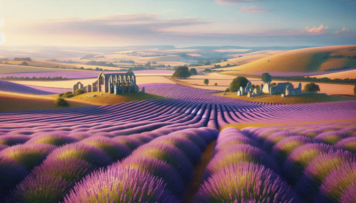 English countryside with vibrant lavender fields and ancient stone ruins, symbolising historical significance.