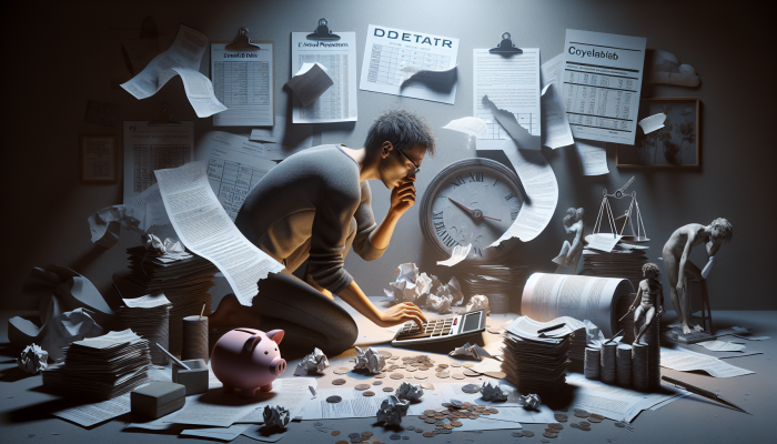 Identifying Potential Risks Associated with Debt Consolidation | DCL Individual in a dimly lit room, surrounded by financial documents, anxiously calculating extended debt repayment on a calculator, calendar highlighting prolonged dates.