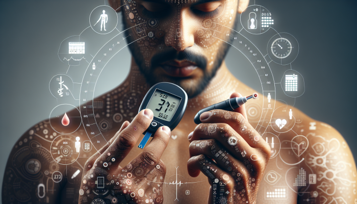 Diabetes Blood Test in Brentwood: Person checking blood sugar with glucose meter, surrounded by calendar and health charts, highlighting consistent monitoring.