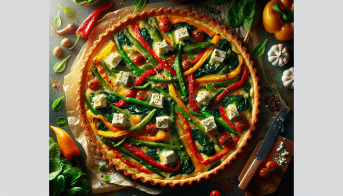 A spring vegetable tart topped with feta, goat cheese, and mozzarella on a golden, flaky crust.