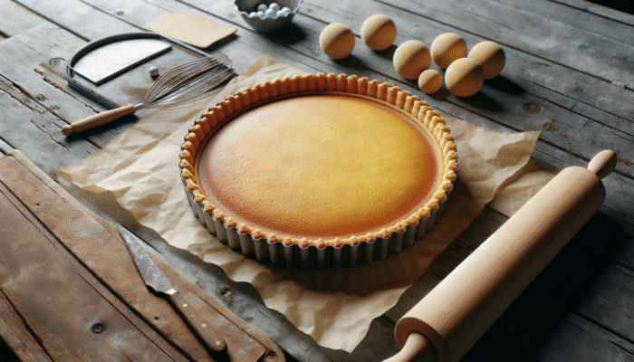 Golden tart base on rustic counter, crisp edges, light golden colour, with baking weights and parchment paper.