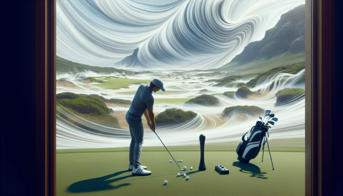 Golfer practising clubface control on South African coast with impact bag amidst winds.
