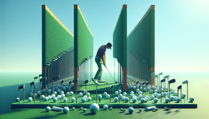 Golfer practising swing path on green course using gates made from towels and clubs, under clear blue sky.