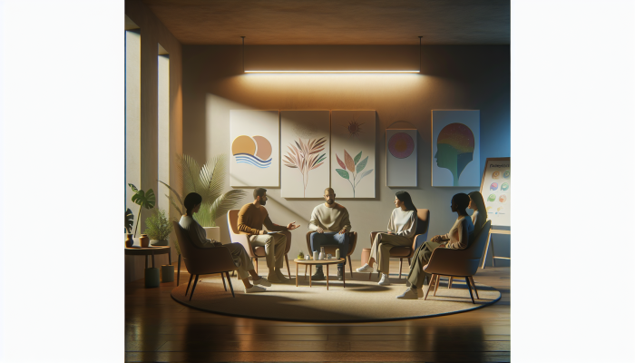 A diverse group in a serene therapy room discussing mental health amidst nature-inspired decor.