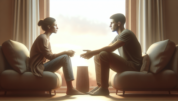 Two people in a serene setting having an empathetic conversation about mental health.