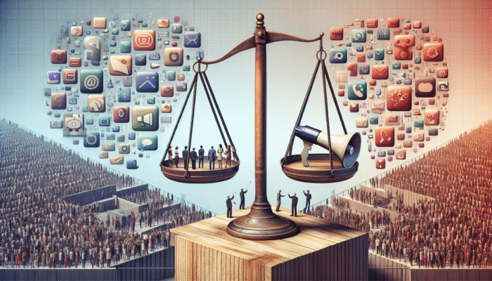 A scale balancing a megaphone and people talking, illustrating Reddit's promotion and interaction balance.