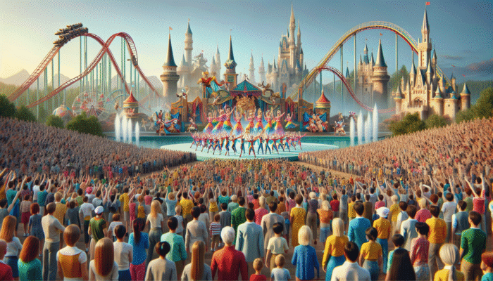 A vibrant theme park scene with families and thrill-seekers enjoying a colourful live show near iconic rides.
