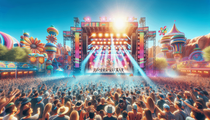 A vibrant theme park summer concert with excited crowds, colourful lights, and festive decorations.
