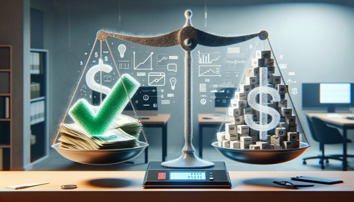 A scale balancing bills and a paycheck, with a green checkmark over the lower debt side, in a financial office.