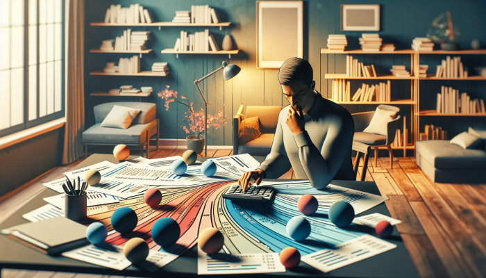 Person calculating debt-to-income ratio in a cozy home office, surrounded by financial documents and graphs.