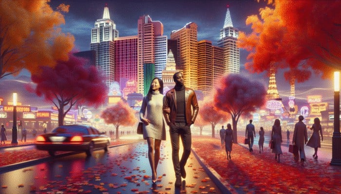 A couple on a romantic walk along the Las Vegas Strip at sunset, with autumn colours and city lights.