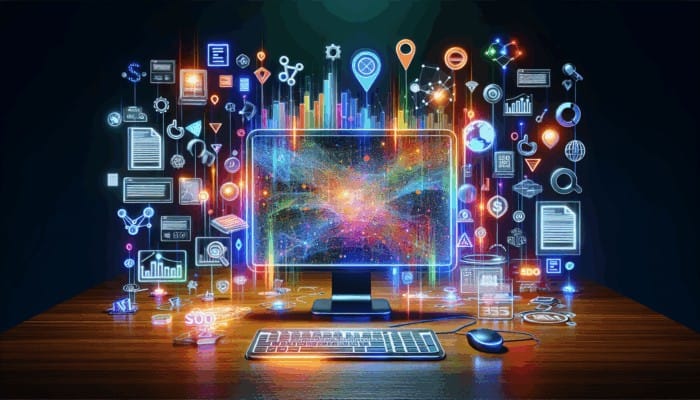 Best Practices for Content Optimisation Tools: A digital workspace showing SEO analytics on a screen, with interconnected keywords, metadata, and images.