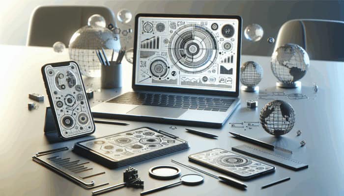 A workspace with laptop and smartphone showing optimised SEO content and performance graphs.