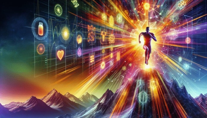 A person sprinting up a mountain, surrounded by vibrant energy supplements.