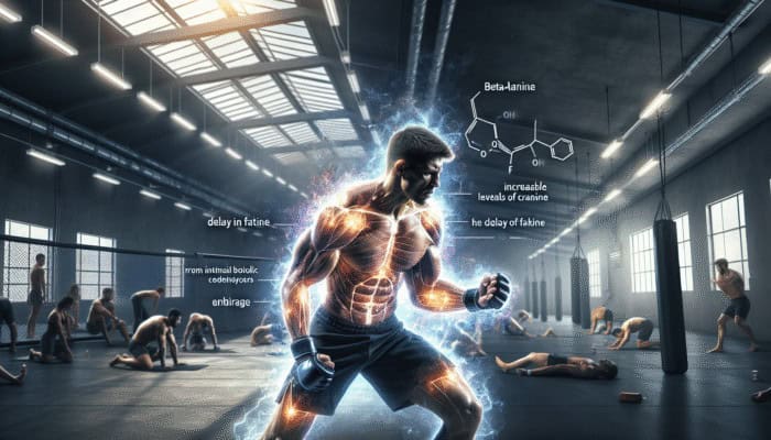MMA fighter training intensely, muscles glowing from beta-alanine, delaying fatigue.