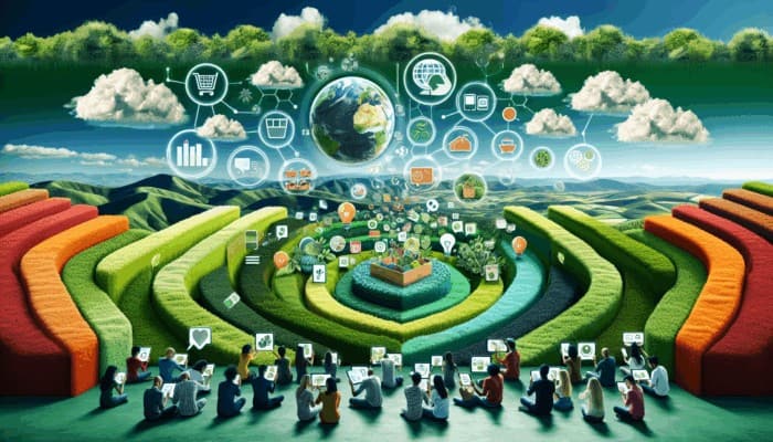 Infographic displaying sustainable living trends, zero-waste tips, and eco-friendly product reviews, showcasing diverse consumers engaged with digital devices.