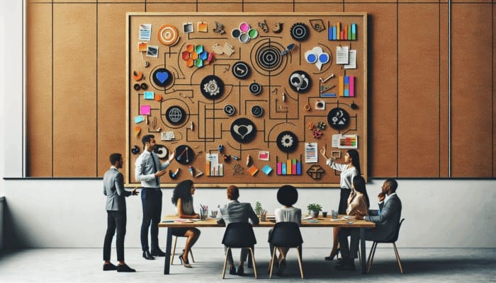 A creative workspace showcasing a planning board with team members discussing video content strategies.
